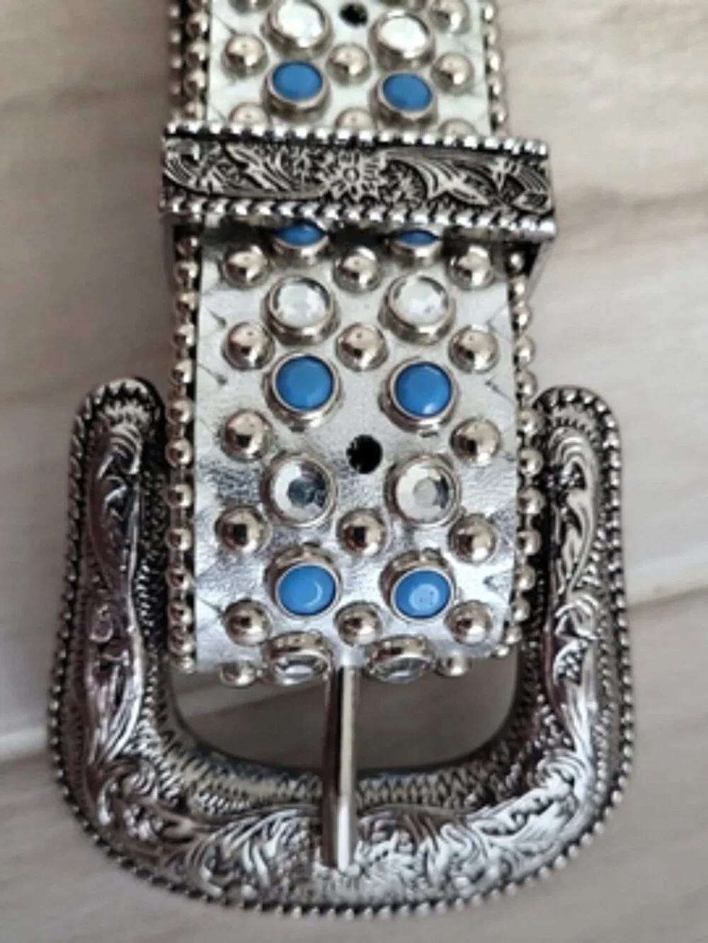 Vintage Silver Metallic Western Style Belt w/ Clear & Blue Rhinestone Studs